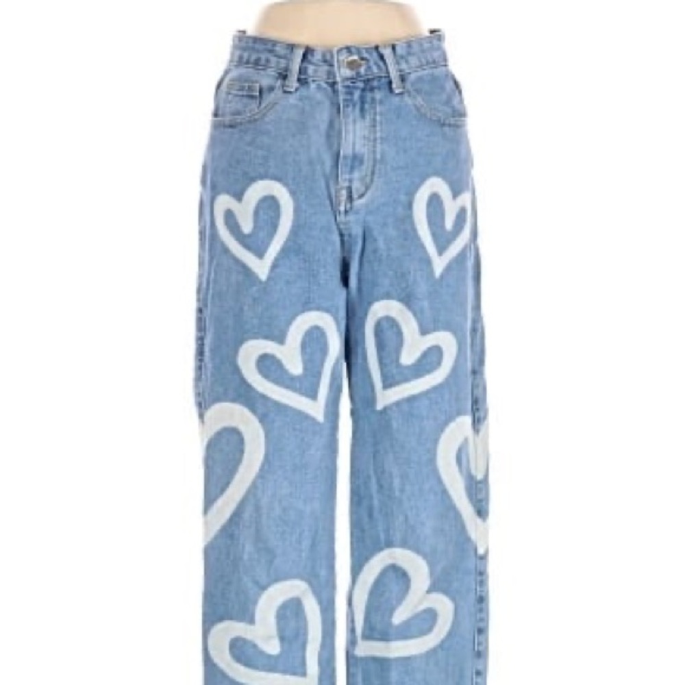 Cider Light Blue Wide Leg Jeans with White Heart Print size xl